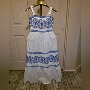 White Sundress with Blue Embroidered Detail - Women